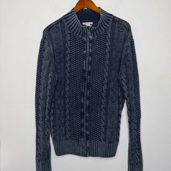 Carbon 2 Cobalt Sweater Size L Stavenger Blue Full Zip Cable Knit Linen Cotton - Picture 12 of 13